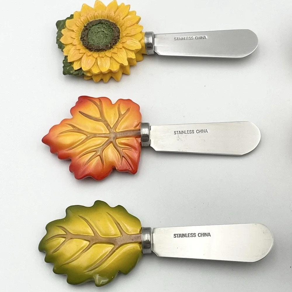 Vintage 2000s Autumn Harvest Cheese Spreaders Sunflower‎ Pumpkin Leaf Acorn Set